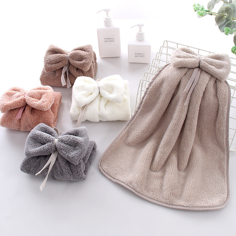 High Density Coral Velvet Bow Cute Hanging Hand Towel Absorbent